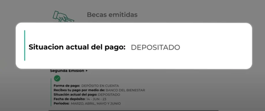 Situación actual del pago de la beca Benito Juárez mostrada en el Buscador de Estatus