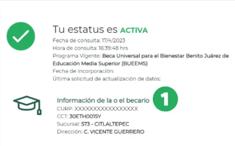 Estatus “ACTIVA” en la beca Benito Juárez para nivel básico mostrando que el estudiante es beneficiario