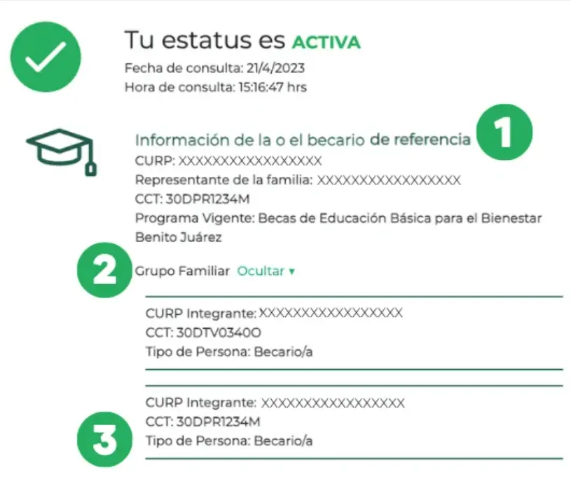  Estatus “ACTIVA” en la beca Benito Juárez para nivel básico mostrando que el estudiante es beneficiario