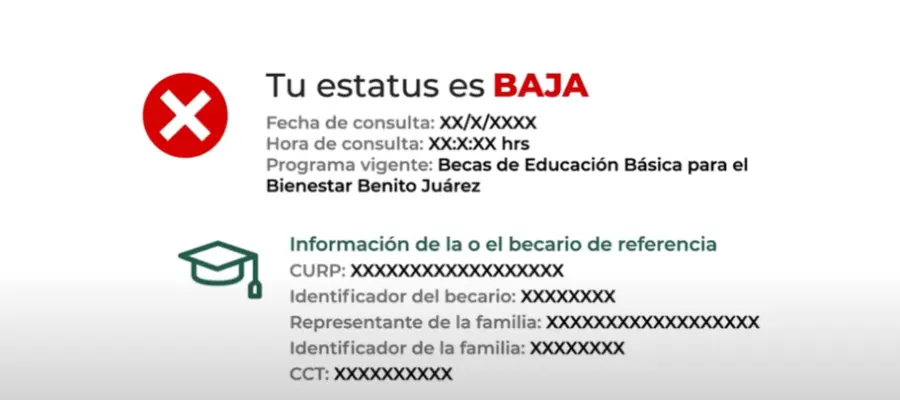 Estatus “BAJA” en la beca Benito Juárez para nivel básico indicando que el estudiante ya no forma parte del programa