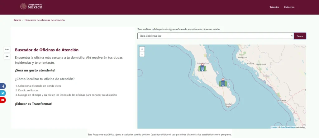 Estudiante usando su laptop para consultar el Buscador de Oficinas de Becas Benito Juárez con un mapa en pantalla.