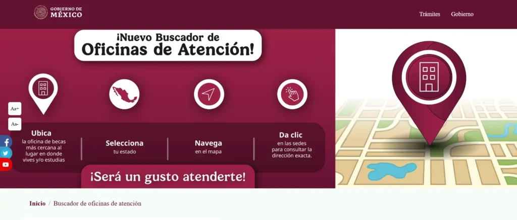 Estudiante usando su laptop para consultar el Buscador de Oficinas de Becas Benito Juárez con un mapa en pantalla.