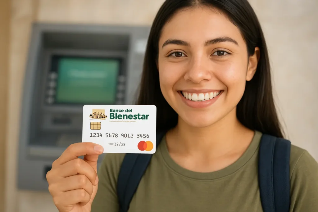 Estudiante sosteniendo su tarjeta de beca del Banco del Bienestar de forma segura para proteger sus fondos
