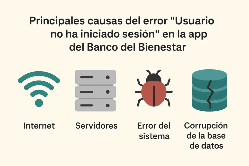 Pantalla de la app del Banco del Bienestar mostrando el mensaje de error “Usuario no ha iniciado sesión” y posibles soluciones para restablecer el acceso.